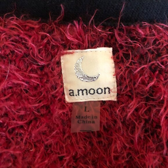 A Moon Cardigan Womens Size Large Red Black Fuzzy Open Front Pockets Sweater - Picture 6 of 7